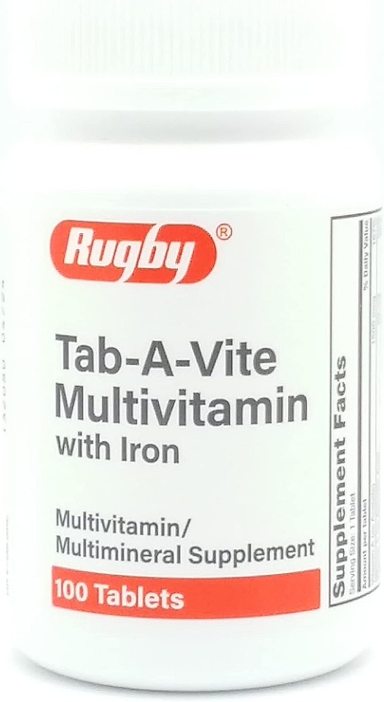 Rugby Laboratories Tab-A-Vite Multivitamiin koos raua multimineraalse lisandiga Vitamiin A, C, D Tiamiin Riboflaviin Niatsiin Folaat Pantoteenhape 100 tabletti (pakk 1)
