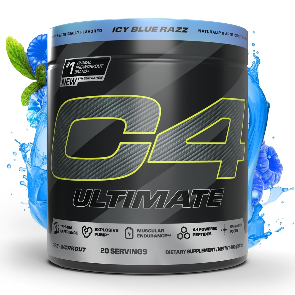 Cellucor C4 Ultimate Pre Workout Pulber - Sugar Free Preworkout Energy Supplement meestele ja naistele - 300mg Kofeiin + teekriin + Dünaamiin + Kreatiin - ICY Blue Razz, 20 Servings