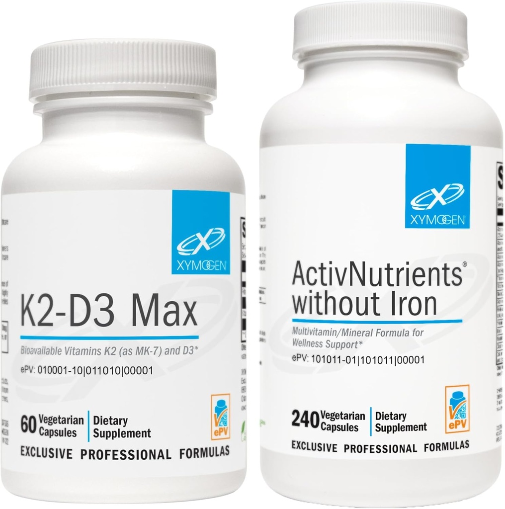 XYMOGEN ActivNutrid ilma rauata (240 kapslit) + K2-D3 Max (60 kapslit) - multivitamiin energia ja meeleolu toetamiseks D-vitamiini 5000 IU kapslitega + K2-vitamiin