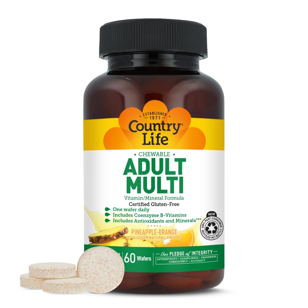 Täiskasvanud närimismultivitamiinid koos koensüümi B-vitamiinide, antioksüdantide, mineraalide, ananassi-oranži maitsega - toetab energia metabolismi ja immuunsüsteemi tervist, gluteenivaba - 60 vahvlit