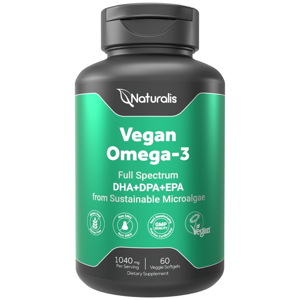 Naturalis Vegan Omega 3 DHA, EPA & DPA vetikatest | Vegan Society Certified, Jätkusuutlikult Allikas, True Full Spectrum | 60 Veggie Softgels (Karrageenivaba)