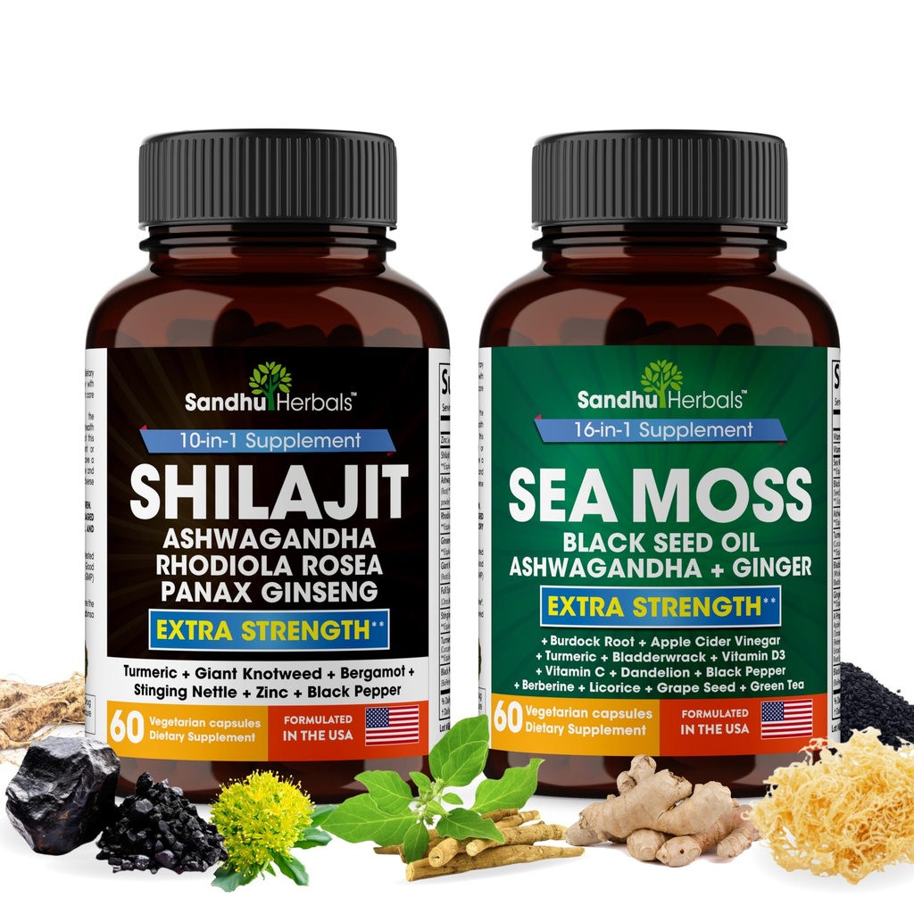 Shilajit Sea Moss Ashwagandha Combo Bundle - Black Seed Oil, Kurkum, Rhodiola Rosea, Panax, Ginseng Supplement | 120 kapslit, parem kui kummikud, vaik | Seamoss meestele ja naistele