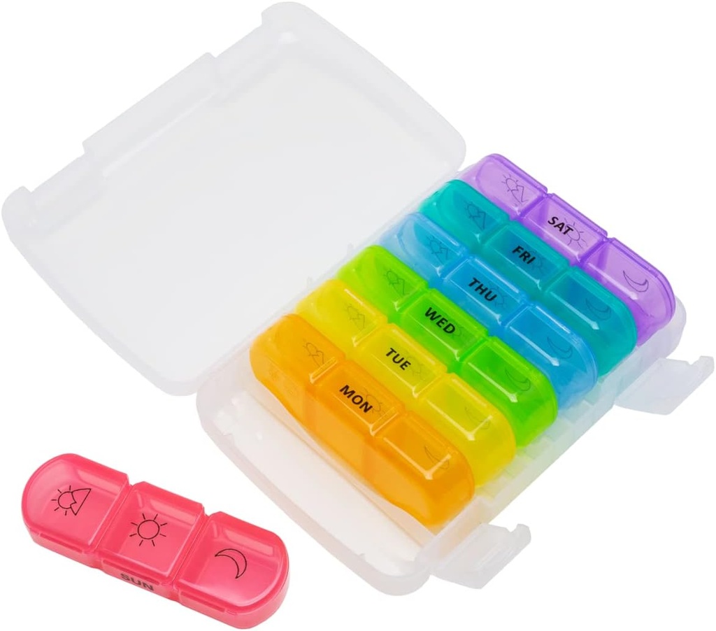 EZY DOSE Weekly (7-Day) Daily Medtime Pill Organizer Case, Vitamiini Planner ja meditsiinikonteiner, Eemaldatavad suured Pop-Out individuaalsed osad, 3 korda päevas, Travel Friendly, Rainbow, BPA tasuta