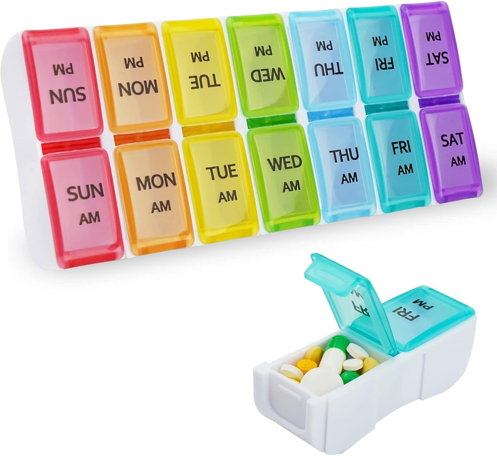 DailyRest Pill Organizer 2 korda päevas, Pill Box 7 Day, AM PM Pill Case, eemaldatav iganädalane pillide konteiner, Rainbow See-Through Lids, Travel Portable Medicine Container Pill / Vitamiinid / Lisandid