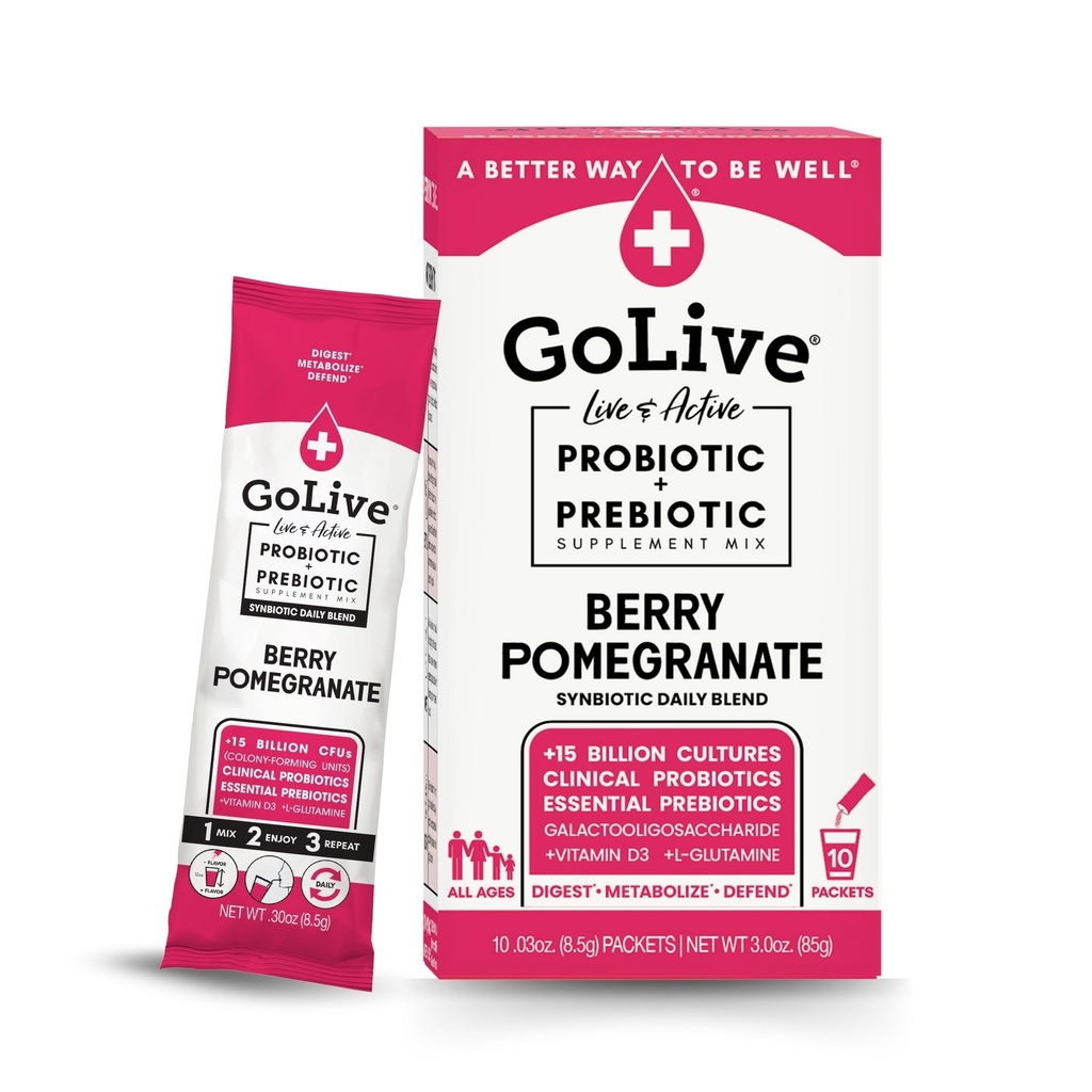 GoLive Prebiootikum ja probiootikum naistele, meestele, lastele Marja granaatõuna sünbiootiline pulber w/ L-glutamiin, D3-vitamiin, elektrolüüdid. Soolestiku tervis, seedimine, ainevahetus, immuunsus 15-50B CFU-d.