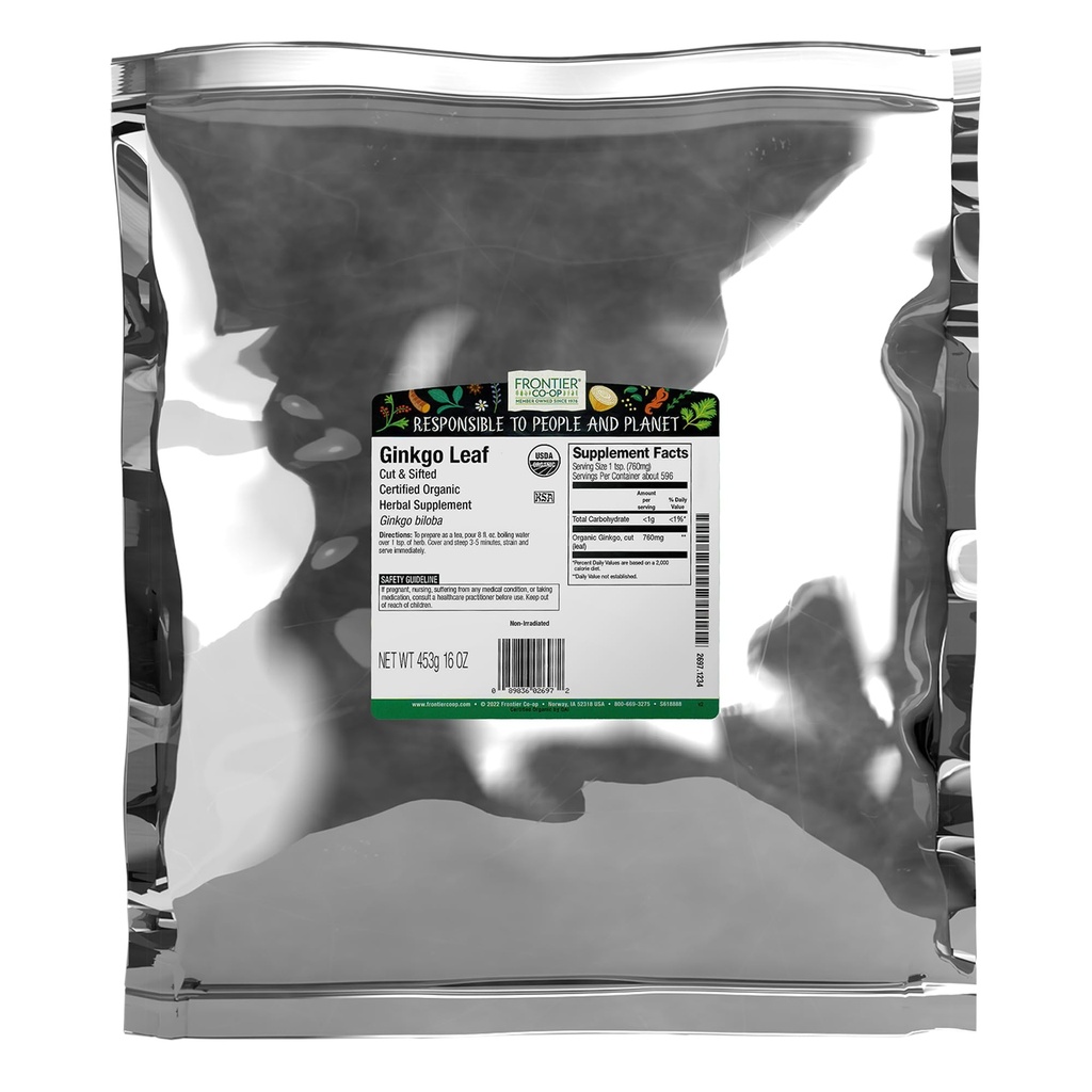 Frontier Co-op Organic Ginkgo Leaf, 1lb Bulk Bag, Cut and Sifted | Kuivatatud Ginkgo Biloba Leaf | Ideaalne tee ja taimsete kasutusviiside jaoks, Kosher
