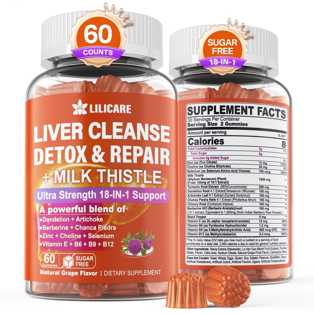 1Pack Milk Thistle Maksaohakas Detox Gummies, 18-in-1 Maks Puhasta Detox & Remond Supplement berberiin, sigur Juur, Kurkum, Artišokk, Dandelion Juur, Chanca Piedra, Vitamiinid B6 B12 - Suhkruvaba