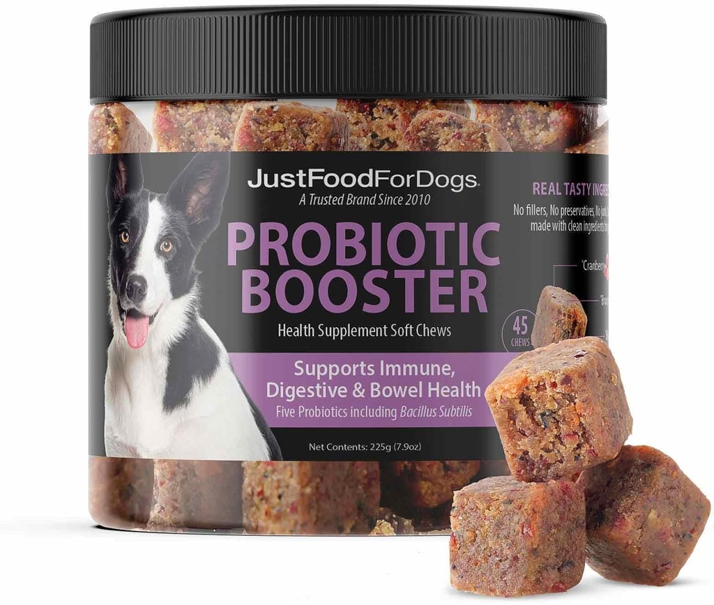 JustFoodForDogs Probiootiline Booster Gut Tervis Pehmed närid Täiendus koertele, Seedetrakti Tervisetoetus, Kõhulahtisus, Inimese Hinne Koostisained - 45 Count