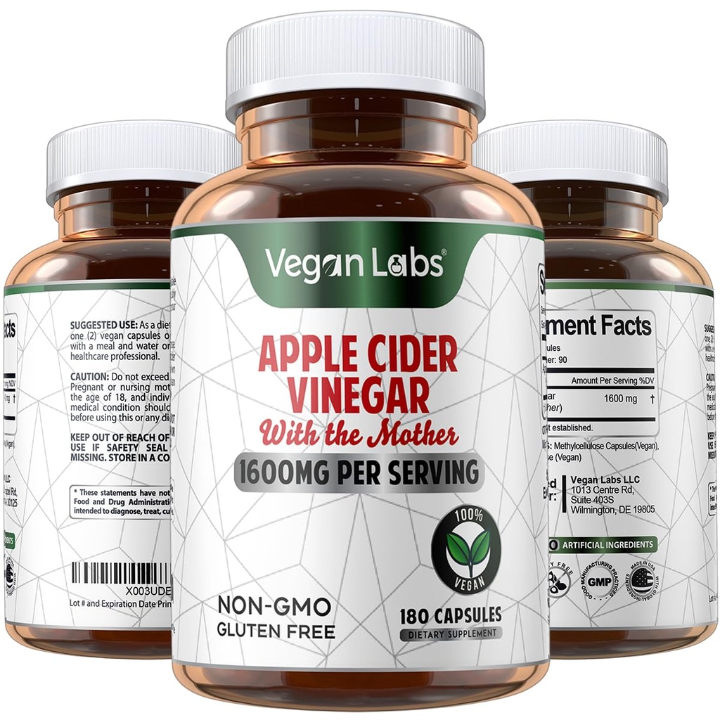 Vegan Labs Õunasiidri äädikakapslid ema- 180 Vegan Kapslid, 1600MG Per Serving - 100% looduslik ACV pillid - toetab tervislikku seedimist, Keto, kaalujälgimine, Detox ja immuunsüsteemi