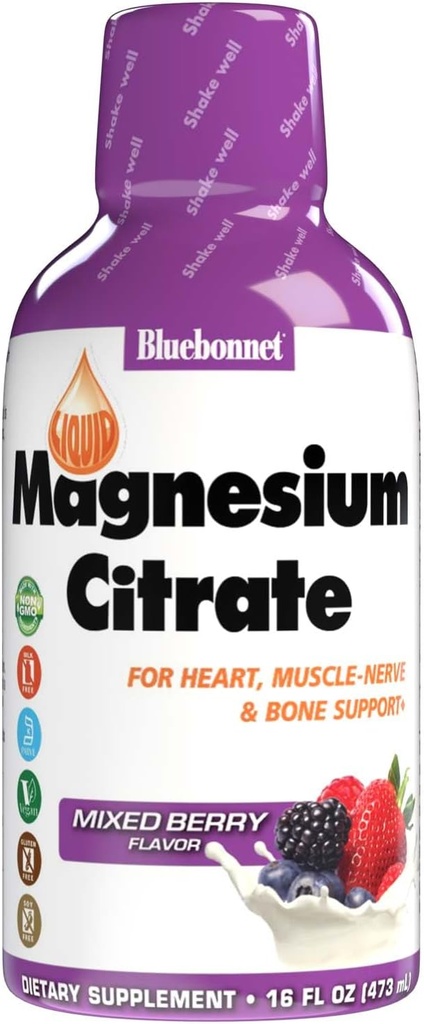 Bluebonnet Nutrition Magneesiumtsitraat 420 mg - rahulik meel ja keha * - toetab südant, lihaseid ja und * - mitte-GMO, vegan, kosher, gluteenivaba, sojavaba, piimavaba - 16 FL OZ, segatud marjamaitse