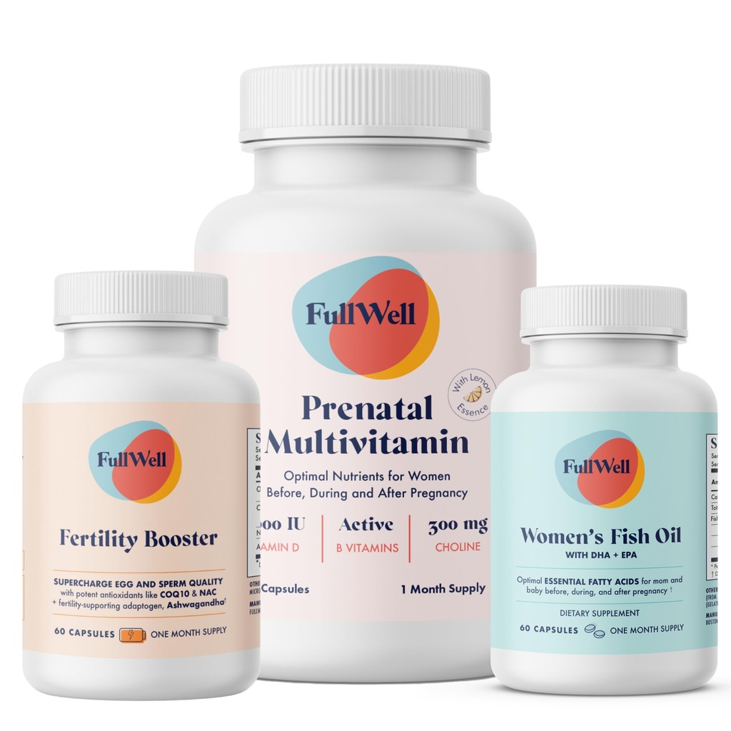 FullWell Fertility Trio | Prenataalne Vitamiin Lemon + DHA & Fertility Booster | Koliin, Folaat, Omega 3, Coq10, NAC, 26+ Elutähtsad toitained | Dietitian-formuleeritud, Non-GMO, 3rd Party Tested, 30 Servings