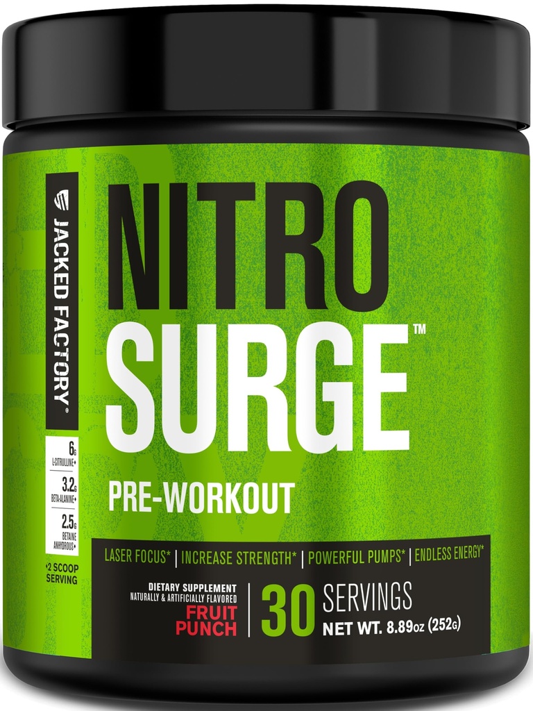 Jacked Factory NITROSURGE Pre Workout Supplement - lõputu energia, kiire tugevuse kasv, selge fookus ja intensiivsed pumbad - NO Booster & Powerful Preworkout Energy Powder - 30 Servings, Fruit Punch