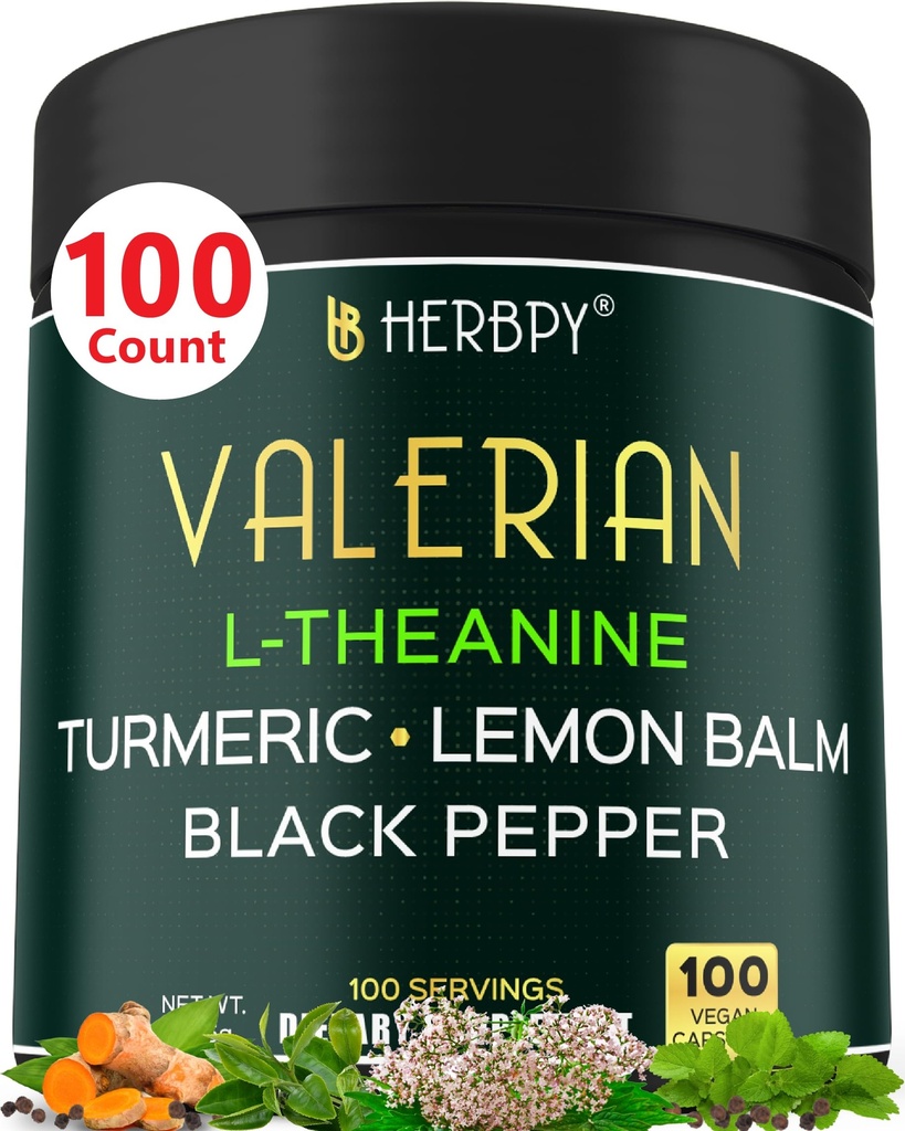 5in1 Valerian Juurkapslid Plus L-Theanine, Sidrun Balm, Kurkum ja Must Pipar lõõgastamiseks, Rahulik Öö, Seedimine Ja Immuunsüsteemi Toetus - 100 Count