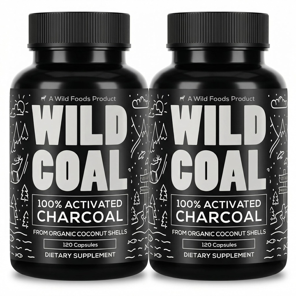 Wild Foods Activated Charcoal Capsules | 100% orgaaniline kookospähklikestad Aktiivsed tabletid puhumiseks Relief | Lab Testitud & Non-GMO Detox Pills | USA (Kaks pudelit - 120 kapslit)