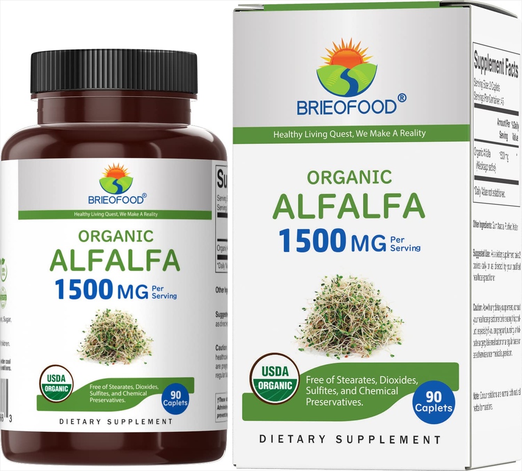 Brieofood Organic Alfalfa 1500mg, 45 Servings, Taimetoitlane, Gluteenivaba, 90 Taimetoitlane tablett