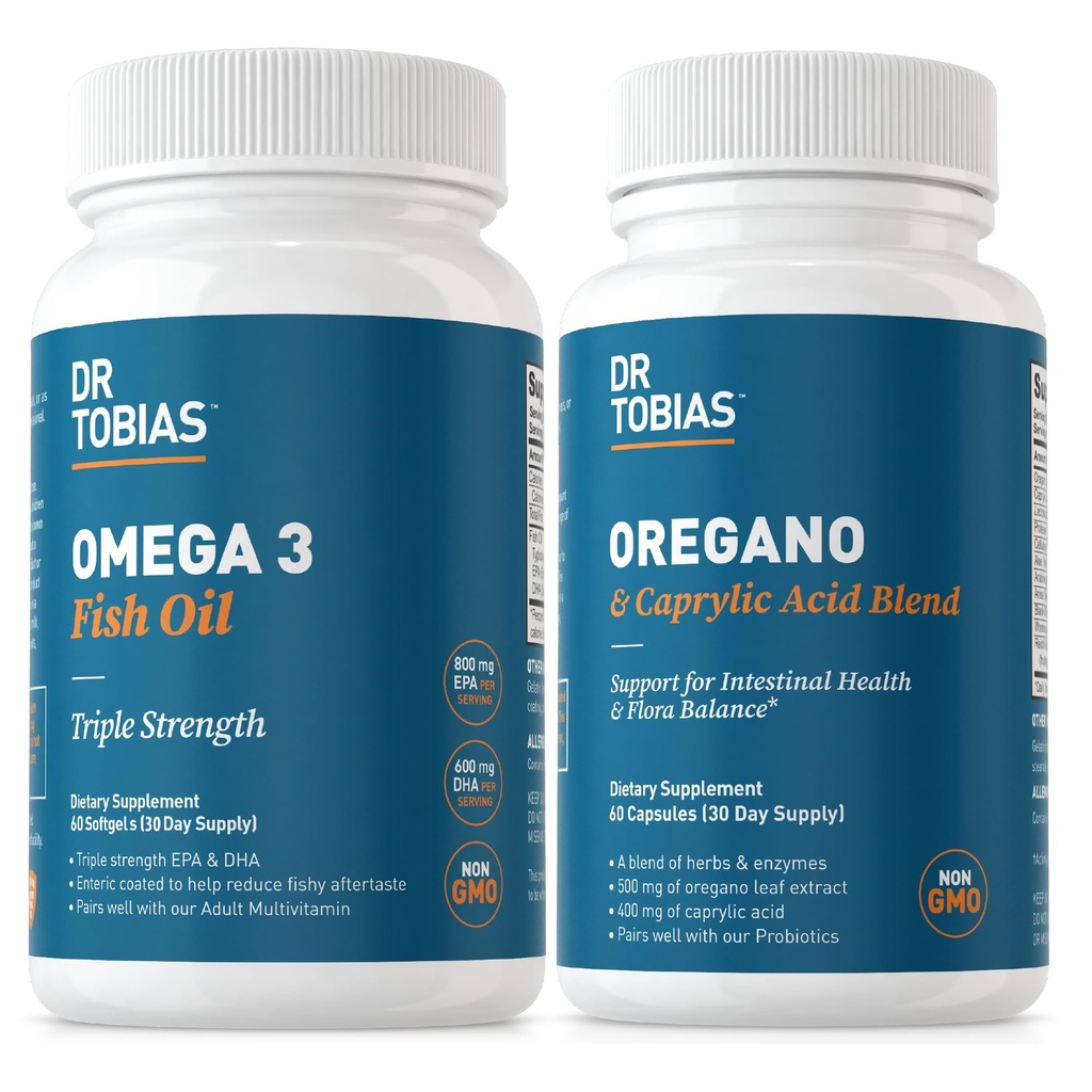 Dr Tobias Omega 3 Kalaõli ja Oregano & Kaprüülhappe toidulisandid, toetab südant, aju, immuunsust soolestiku Flora tasakaalu kompleksiga