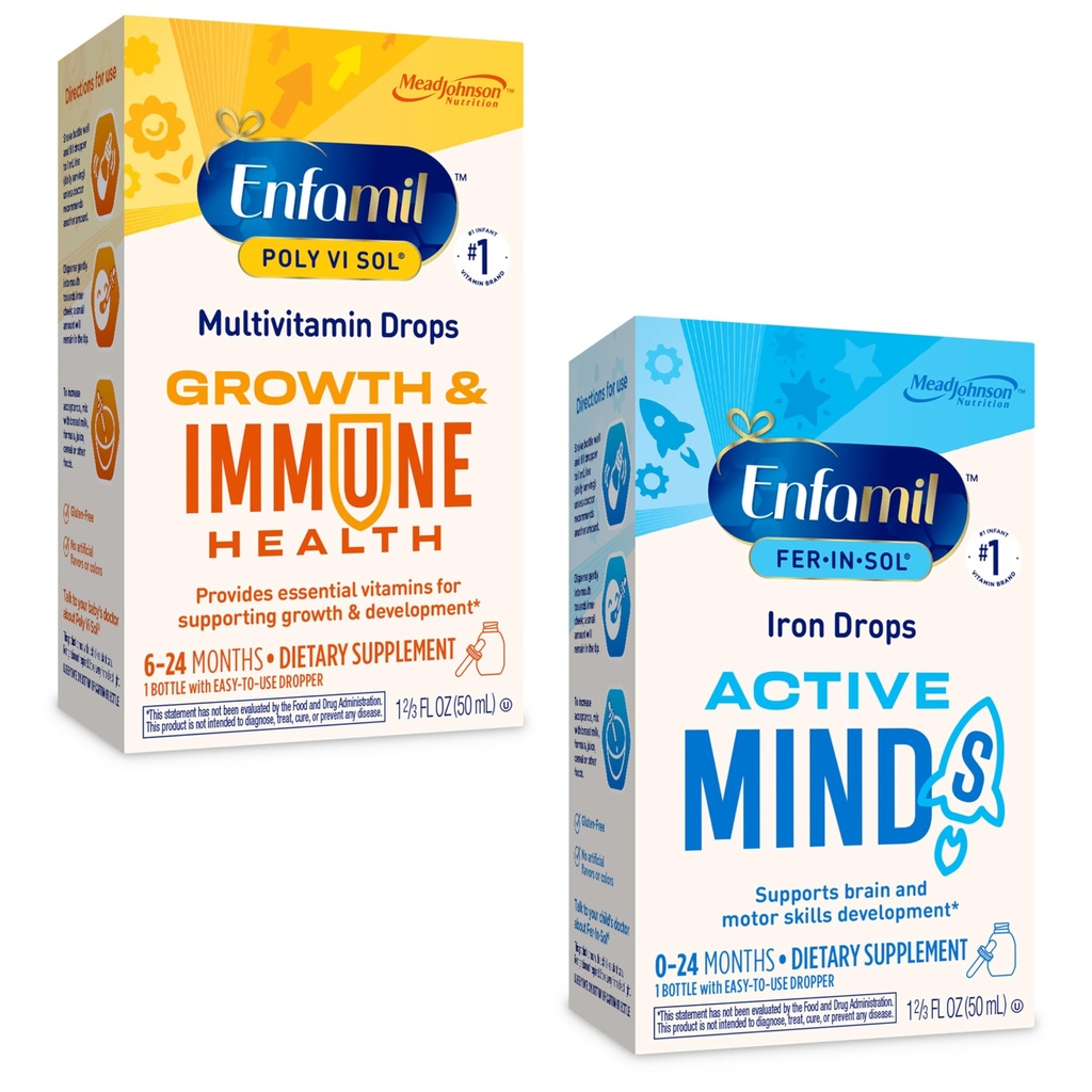 Enfamil Poly-Vi-Sol ja Fer-in-Sol Raud Vedel tilk Multivitamiinilisandid imikutele ja väikelastele, 2x50 ml Dropper Pudel