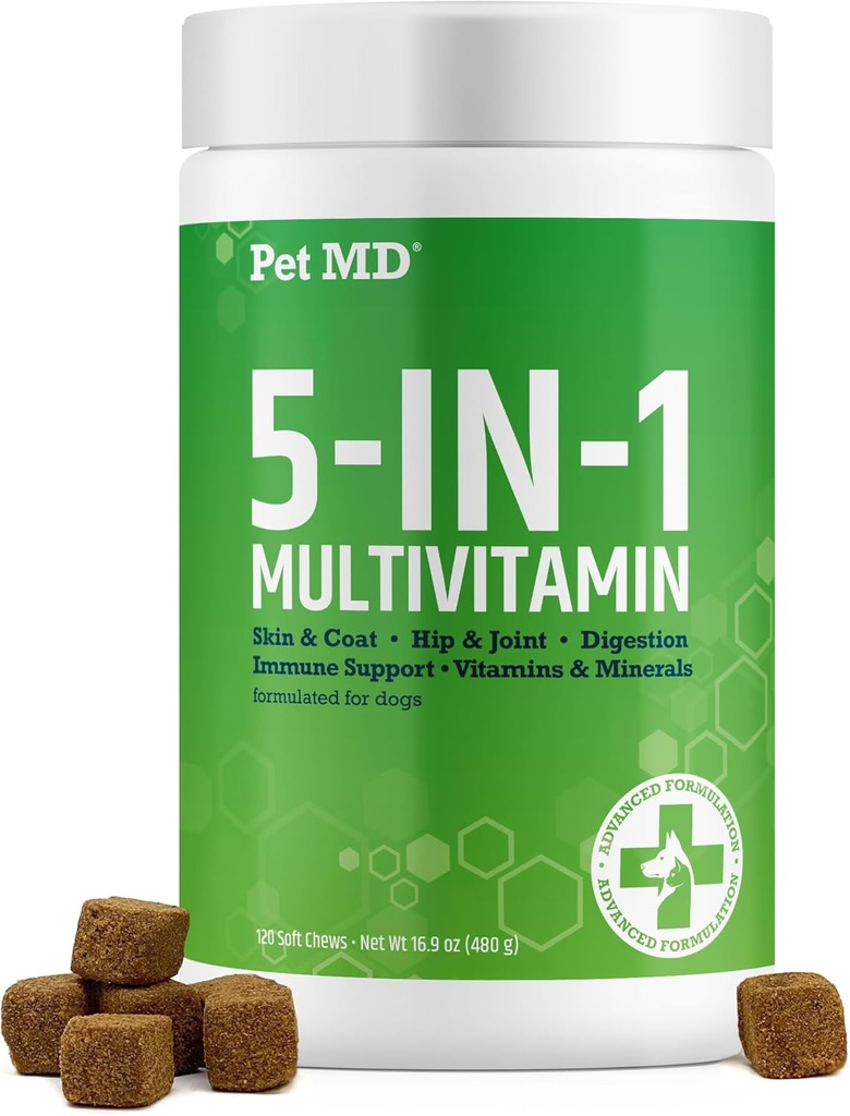 Lemmiklooma MD 5in1 koera multivitamiin - 30 olulist vitamiini, mineraali ja toitaineid nahale ja kate, puusadele ja liigestele, seedimisele, immuunsüsteemile ja vanematele koertele - glükoosamiin, oomega 3 6 9 ja probiootikumid - 120 ct