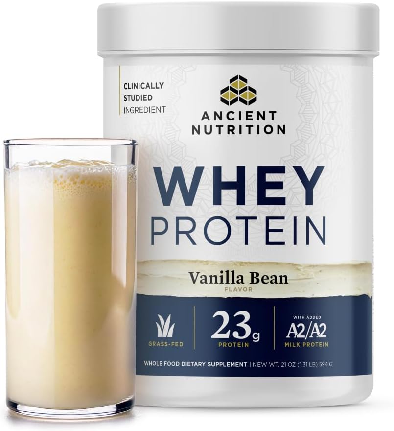 Ancient Nutrition Grass Fed Whey Protein, Vanilla Bean, 23g Protein, 20 Servings, Hüdrolüüsitud kollageenpeptiidid, Orgaaniline Regeneratiivne A2/A2 Piimaproteiin
