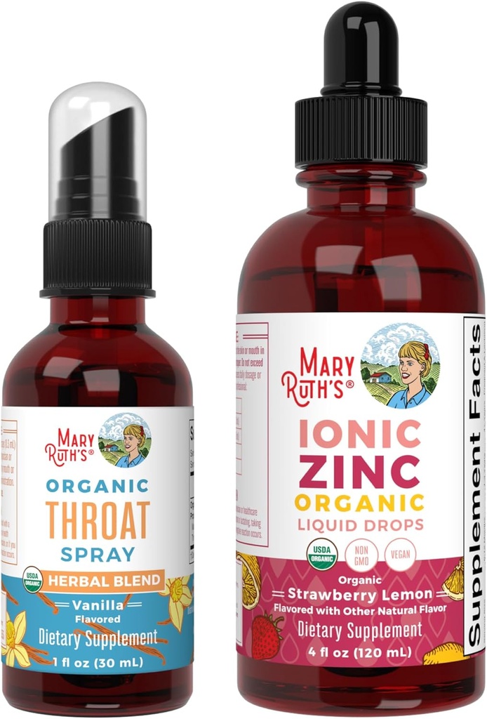 MaryRuth Organics Throat Spray (Vanilla) & Tsink tilgad (Maasikas Lemon) | USDA orgaaniline, puhas Label Project Verified® | Vitamiinid kurgu leevendamiseks, immuunsus ja üldine tervis | Vegan, Non-GMO