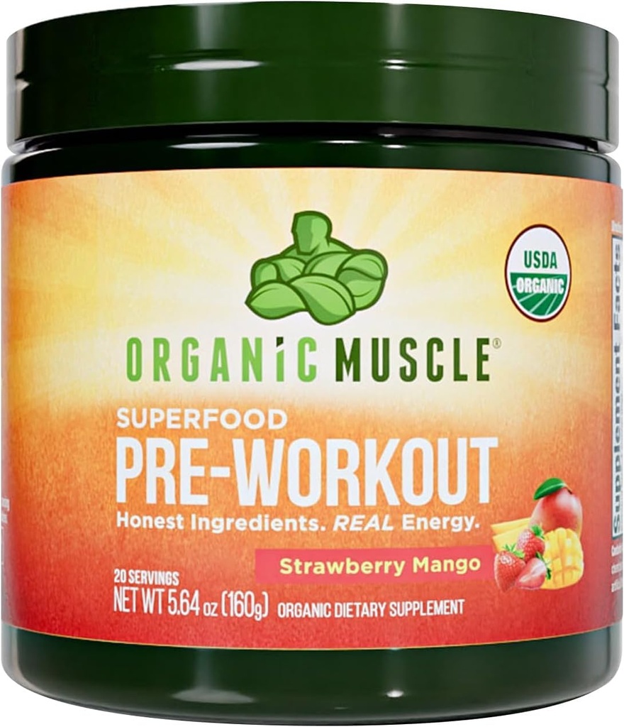 Orgaaniline Muscle Organic Pre Workout Powder, Maasikas Mango – USDA Organic Superfood Blend | Maca, Beet Root, Cordyceps, Rhodiola | 150mg Natural Caffeine, Vegan, No Jitters, 20 Servings