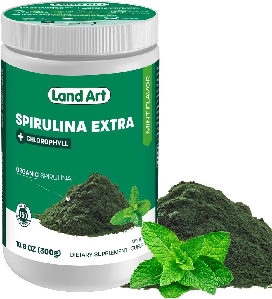 Maismaakunst Orgaaniline Spirulina Ekstrapulber - Mündimaitseline - 100% puhas - 75 Servings - Superfood - Hea maitse ja hea lõhn - 10% Bioaktiivne klorofüll - võimas antioksüdantide allikas