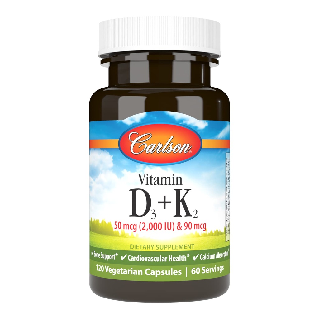 Carlson - Vitamiin D3 + K2, 50 mcg (2000 RÜ) Vitamiin D3 & 90 mcg Vitamiin K2 kui MK7, Luude tugi, kaltsiumi imendumine, 120 kapslit