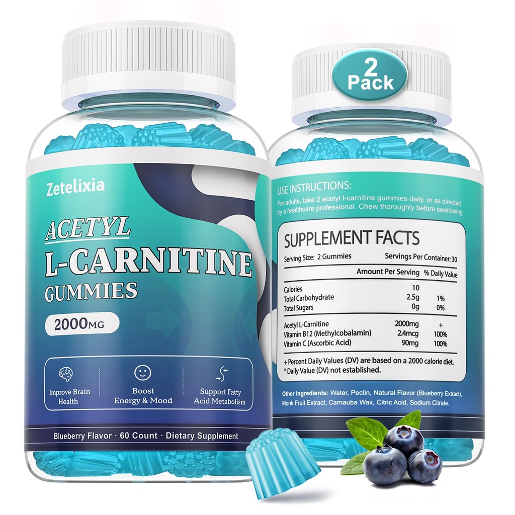 2 Pack Sugar Free Acetyl L-karnitiin Gummies, L-karnitiini lisand naistele ja meestele vitamiin C & B12, ALCAR energia, aju ja südame tervise toetamiseks, vegan, mitte-GMO, 120 loend