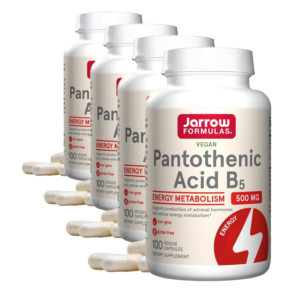 Jarrow valemid Pantoteenhape B5 500 mg - 100 Veggie kapslid - Essential B Vitamiin Toidulisandi - Energiatootmise ja ainevahetuse tugi - 100 Servings (Pack of 4)