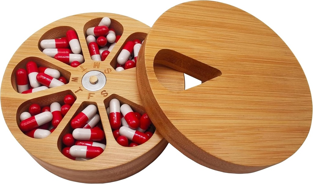 Fashciaga Bamboo Wood Daily Weekly Vitamin Medicine Pill Organizer Case Box, Kitchen Soola Vürtsikeldri konteinerid, Kõrvarõngas Ehted Dekoratiivne kast (Suur)