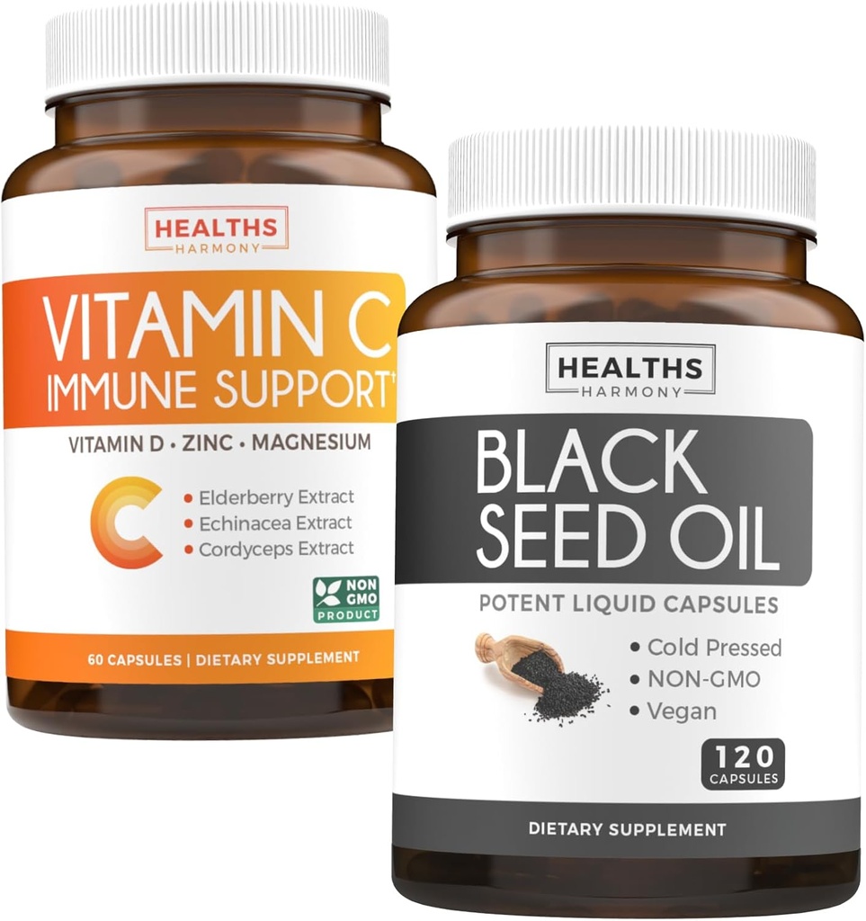 Black Seed & Vitamiin C (2-kuuline tarne) Täielik kaitse Immuunsus Bundle must seemneõli - Nigellia Sativa Külmpressitud Köömneseemne (120 kapsel) & C-vitamiini immuuntoetus (60 taimetoitlast tabletti)
