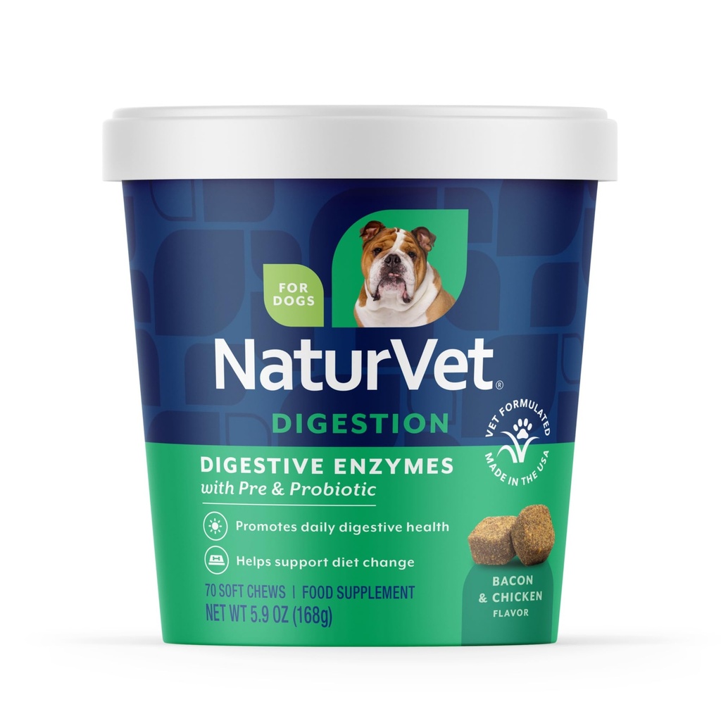NaturVet - seedeensüümid - Plus probiootikumid ja prebiootikumid - aitab toetada dieedi muutmist ja tervislikku seedetrakti - koertele (pehmed närid, 70 loend)