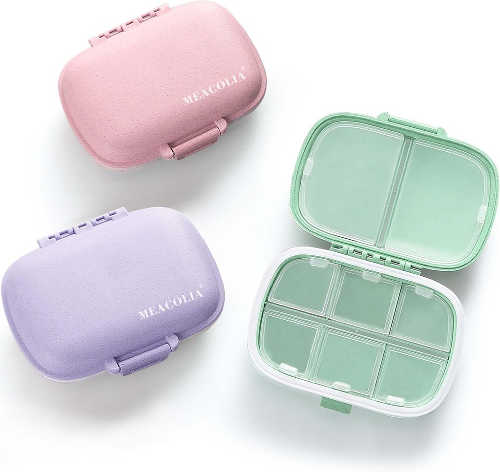 MEACOLIA 3 Pack 8 Koostisosad Reisipillide Korraldaja , Igapäevane Pill Case Väike Pill Karp taskuraha jaoks , Kaasaskantavad Pillid Konteiner Meditsiini Vitamiini Korraldaja (Purple , Green , Pink )