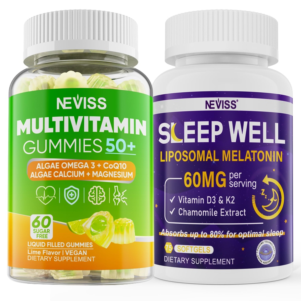 NEVISS Naised ja mehed 50+ multivitamiini Gummy ja melatoniin 60 mg Bundle