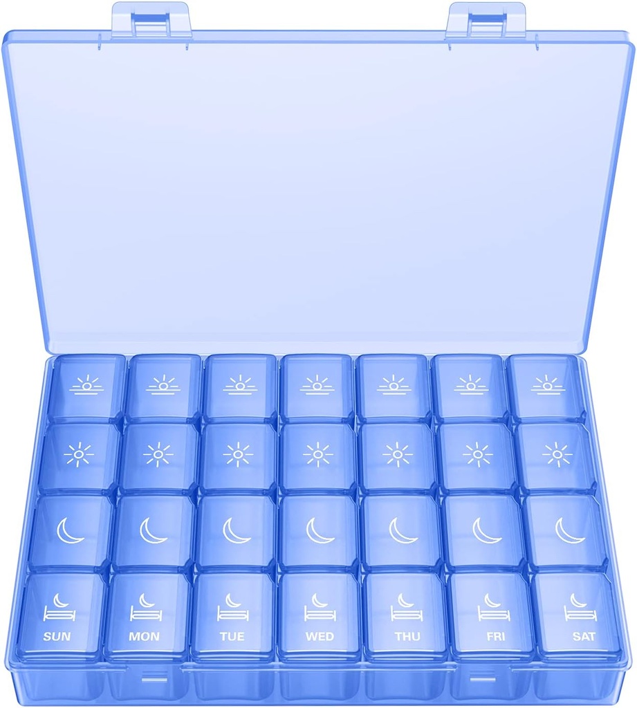 XL Pill Organizer 4 korda päevas, BUG HULL ekstra suur iganädalane pillide karp, 7 päeva vitamiinikonteiner Päevane pillide hoidja Cod-Maver Oil, vitamiinid, toidulisandid (Royal Blue)