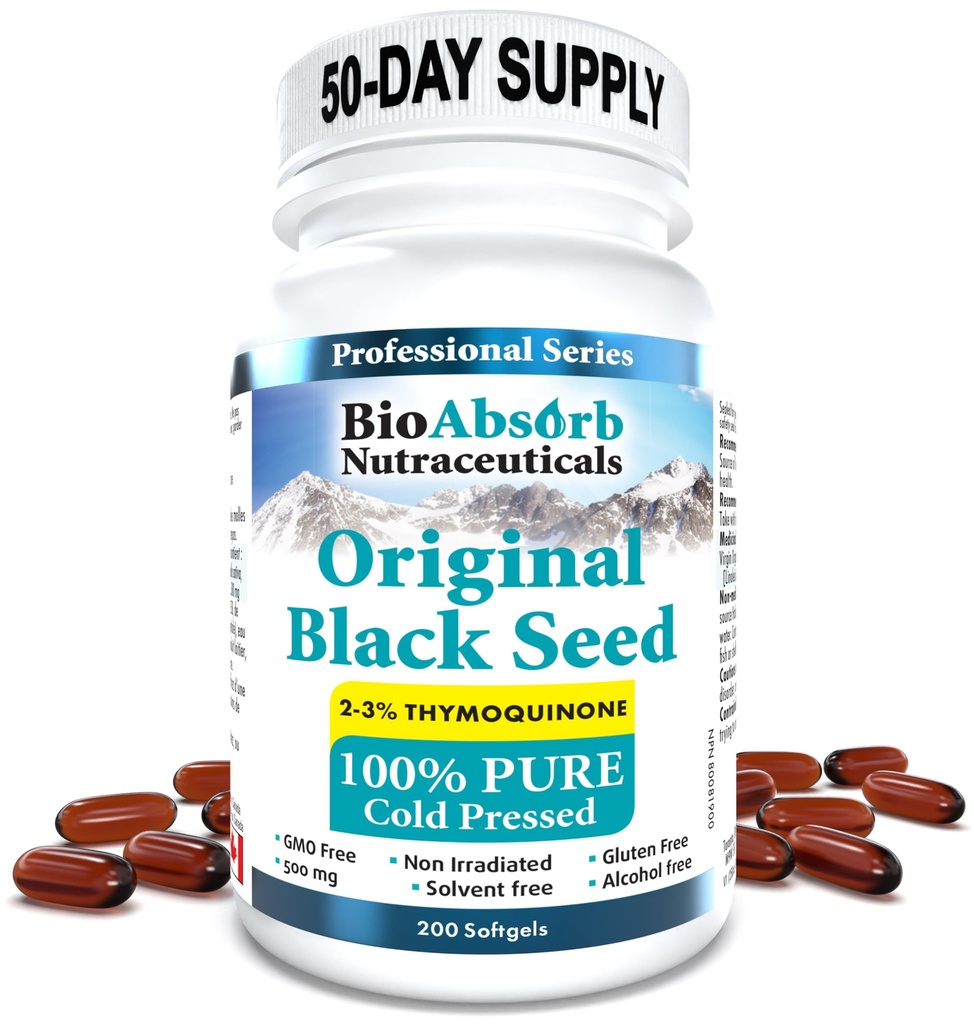 Bio Absorb Black Seed Oil Külmpressitud kapslid 200 pehmegeeli, 500mg (50-päevane tarne). Ei mingit järelmaitset.