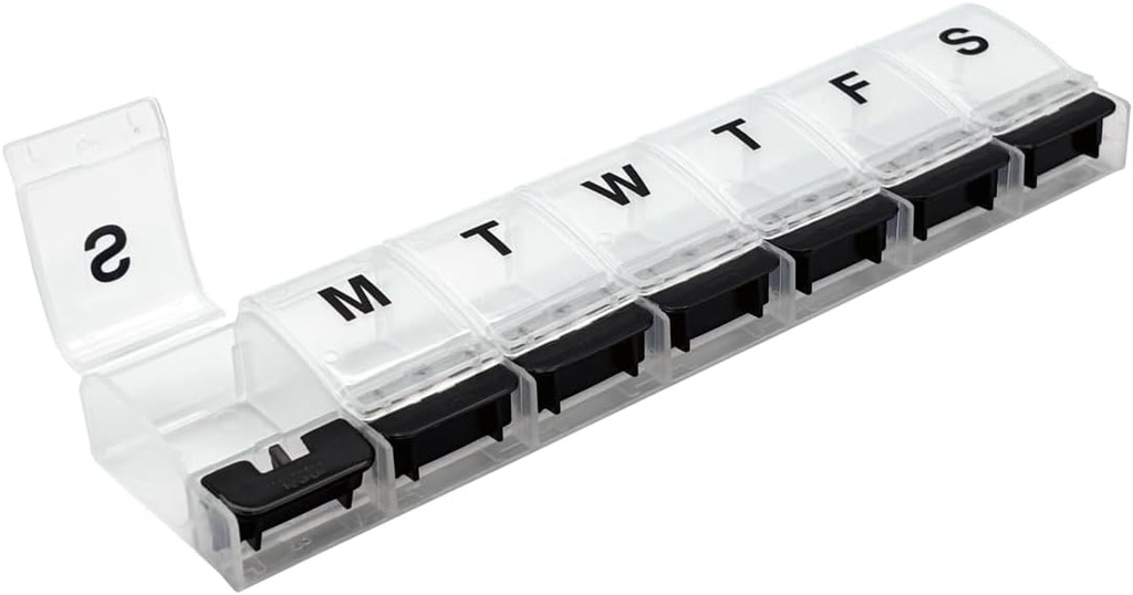 EZY DOSE Weekly (7-Day) AM / PM Daily Pill Organizer, Vitamiini korpus ja meditsiinikonteiner, X-Suur komponendid, artriit sõbralik, mugav ja lihtne kasutada, selge / must, disain võib varieeruda, BPA tasuta