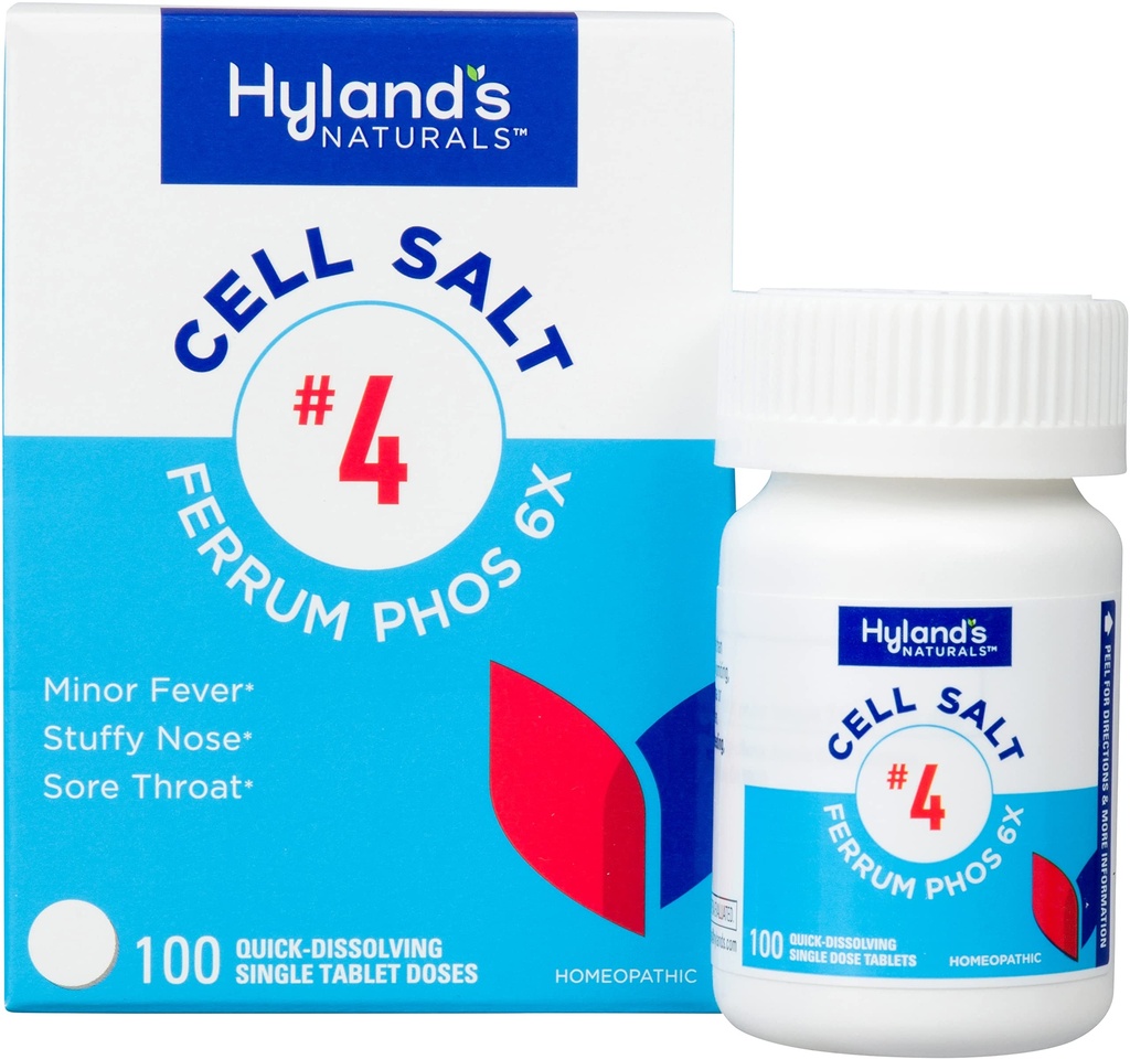 Hyland's No. 4 Cell Soola Ferrum Phos 6X tabletid, dekongestant ja siinuse leevendamine, põletikuline lisand, külma ja palaviku sümptomite loomulik leevendamine, kiire lahustamine tabletid, 100 loend