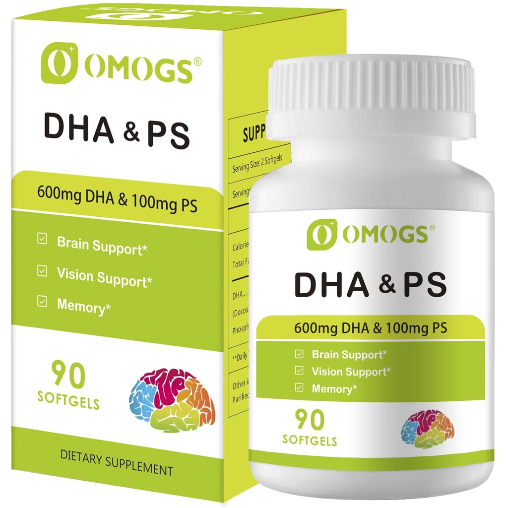 OMOGS vetikad DHA - 600 mg Omega-3 DHA softgels, koos fosfatidüülseriini ja kreeka pähkliõli, toetab tervislikku aju funktsiooni, visiooni, silma ja mälu, gluteenivaba, GMO-vaba vetikaõli, 90 Softgels
