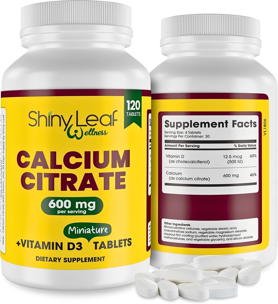 Shiny Leaf Calcium Minis 600 mg - päevased tabletid kaltsiumtsitraat 600mg Plus D3-vitamiin bariaatrilise post-Op ja mao möödavoolu jaoks naistele ja meestele, lihtne neelata, valmistatud USA-s, taimetoitlane - 120 Ct.