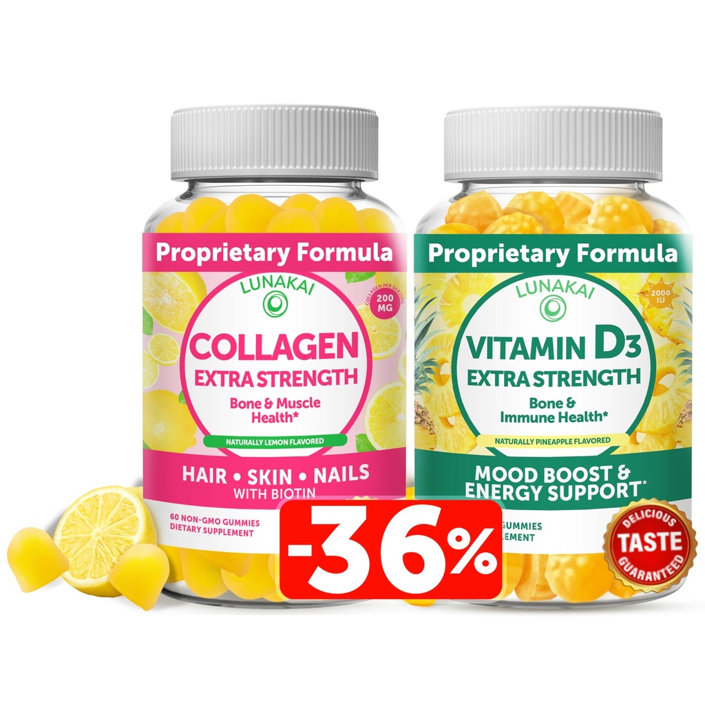 Lunakai kollageen ja vitamiin D3 Gummies Bundle - mitte-GMO vananemisvastased toidulisandid meestele ja naistele - immuunsus, luu ja meeleolu tugikumm täiskasvanutele - 30 päeva pakkumine