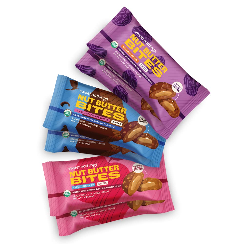 Sweet Nothings, Variety Pack: šokolaad, Apple'i kaneel ja kaerajahu rosin, USDA orgaaniline pähklivõi hammustab valku 6-2 bitti väärtus pakendid (2 iga maitse) - Ei lisatud suhkrut