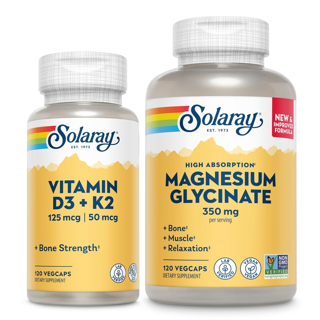 SOLARAY Vitamiin D3 K2 ja magneesiumglütsinaat - Luude tervise komplekt - Kaltsiumi imendumine, närvi, südame ja immuunsüsteemi tugi w/ 5000 IU D-vitamiin, 350mg Kelaaditud magneesium, 60-päevane garantii, 120ct / 120ct