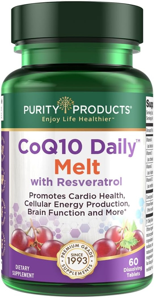 Purity Products CoQ10 Daily koos Resveratrooliga Melt 100mg CoQ10-30mg Trans-Resveratrool - A-vitamiin, D3, E ja B12 (metüülkobalamiinina) - 60 kiiret lahustuvat tabletti