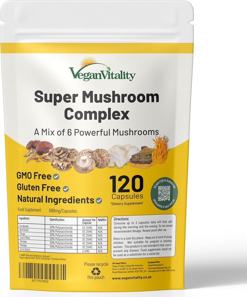 Vegan Vitality Multi Seenelisa Kompleks - 120 kapslit Reishi, Chaga, Shitake, Maitake, Lõvi Mane ja korditseps aju, energia, fookuse ja mälu toetamiseks