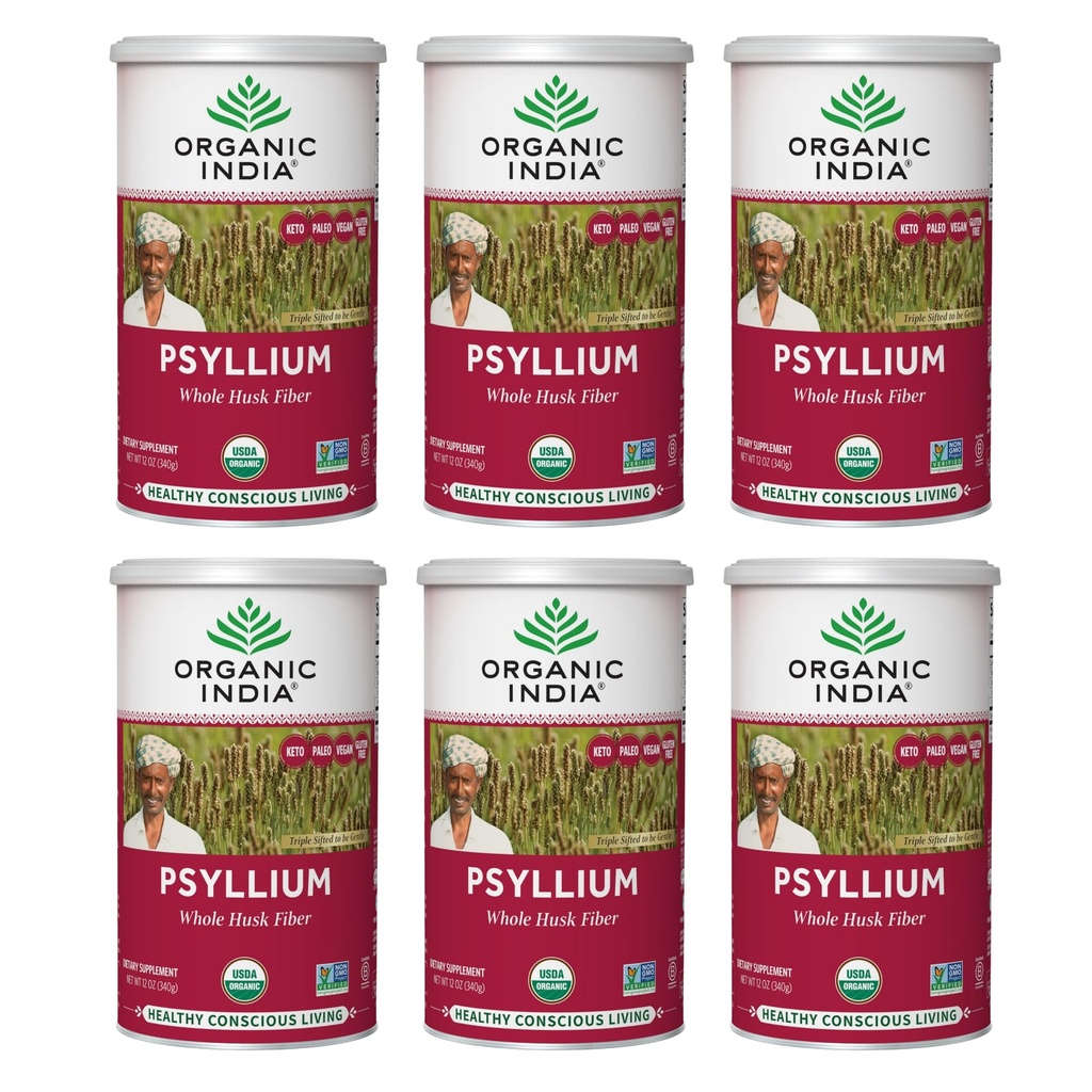 ORGAANILINE INDIA Terve Psyllium Husk Pulber Orgaaniline - Psyllium Husk Kiud Lisand, Seedimise Toetus, Vegan, Gluteenivaba, Mitte-GMO, Lahustuv & Lahustuv Kiud Allikas - 12 oz Canister, 6 Pack