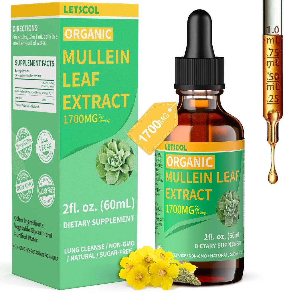 Orgaaniline Mullein tilgad kopsude puhastamiseks, võimas 1700mg Mullein Leaf ekstrakt immuunsuse ja hingamisteede toetamiseks, looduslik Mullein Supplement Tinktuur langeb Non-GMO & Vegan, 2 Fl Oz