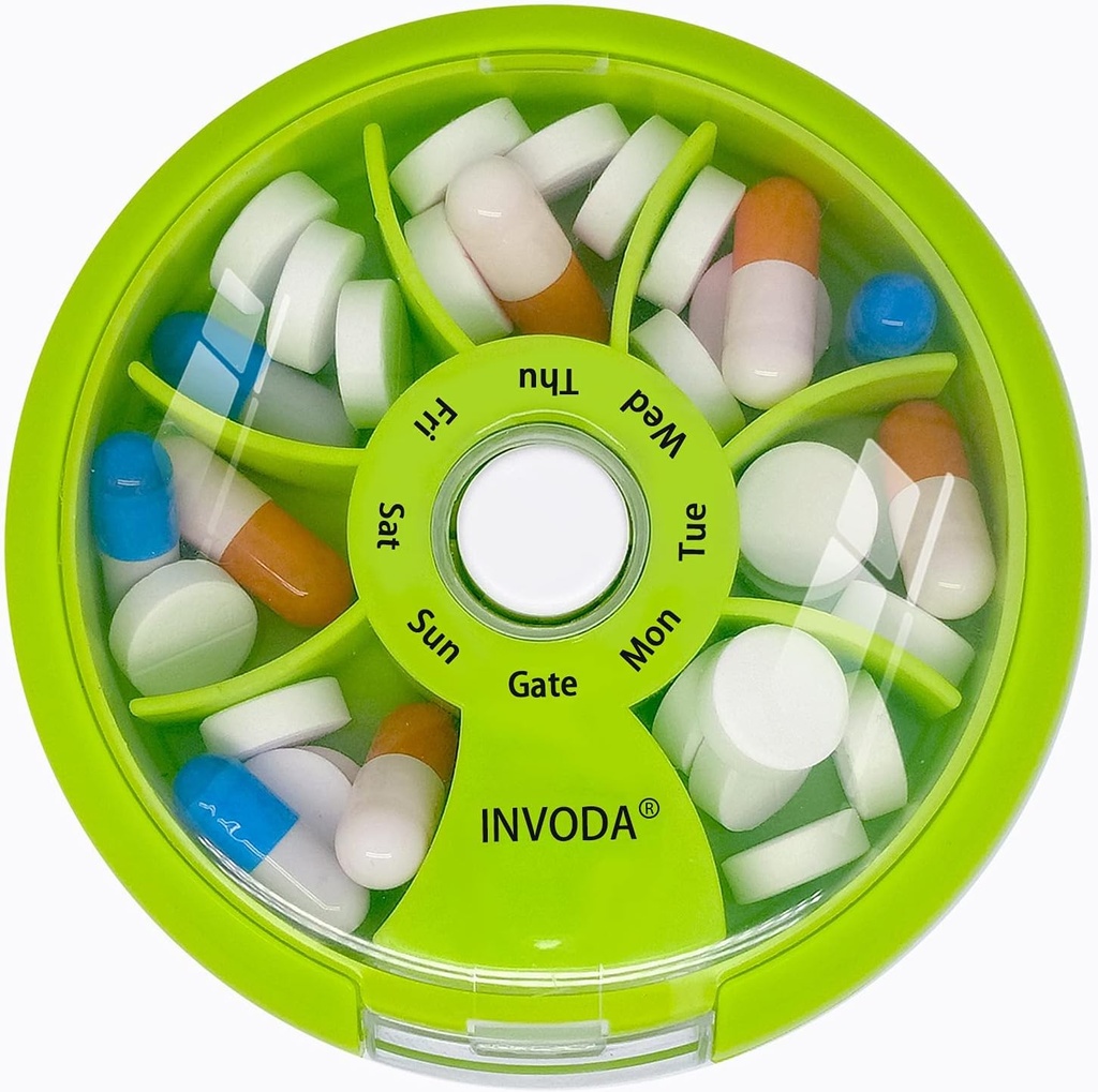INVODA NÄDALA Pilli Korraldaja 7 Komposiit Pöörlevad pillid Karp igapäevaseks raviks ja vitamiinid - Portable Travel Pill Case Fish Oil Supplements Vitamiinid Organizer (Orange)
