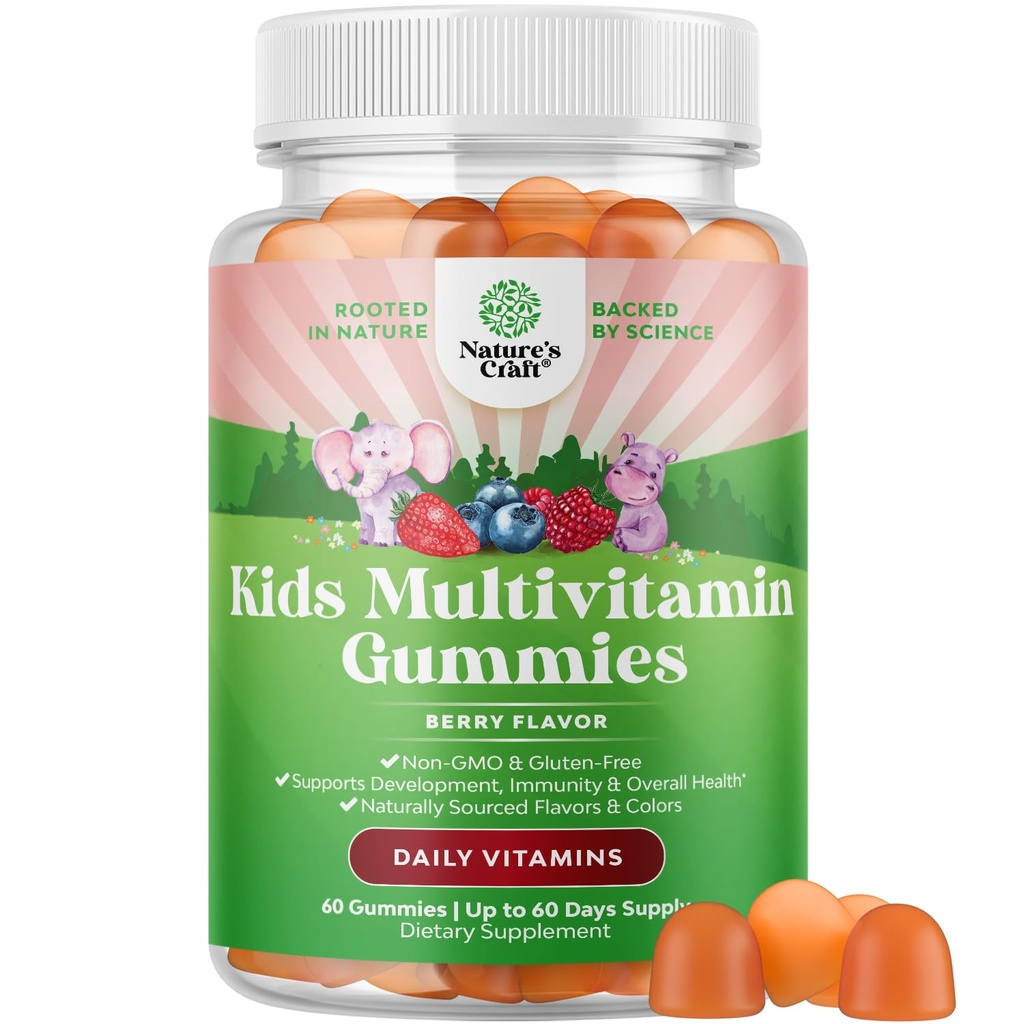 USDA Organic Kids Multivitamiin Gummies - Multivitamiin lastele Immuunsüsteemi toetamine vitamiinidega A, C, D3, E, B6 & B12, tsink ja jood - Laste vitamiinid Näritav valem tugeva tervise jaoks - 60 Count