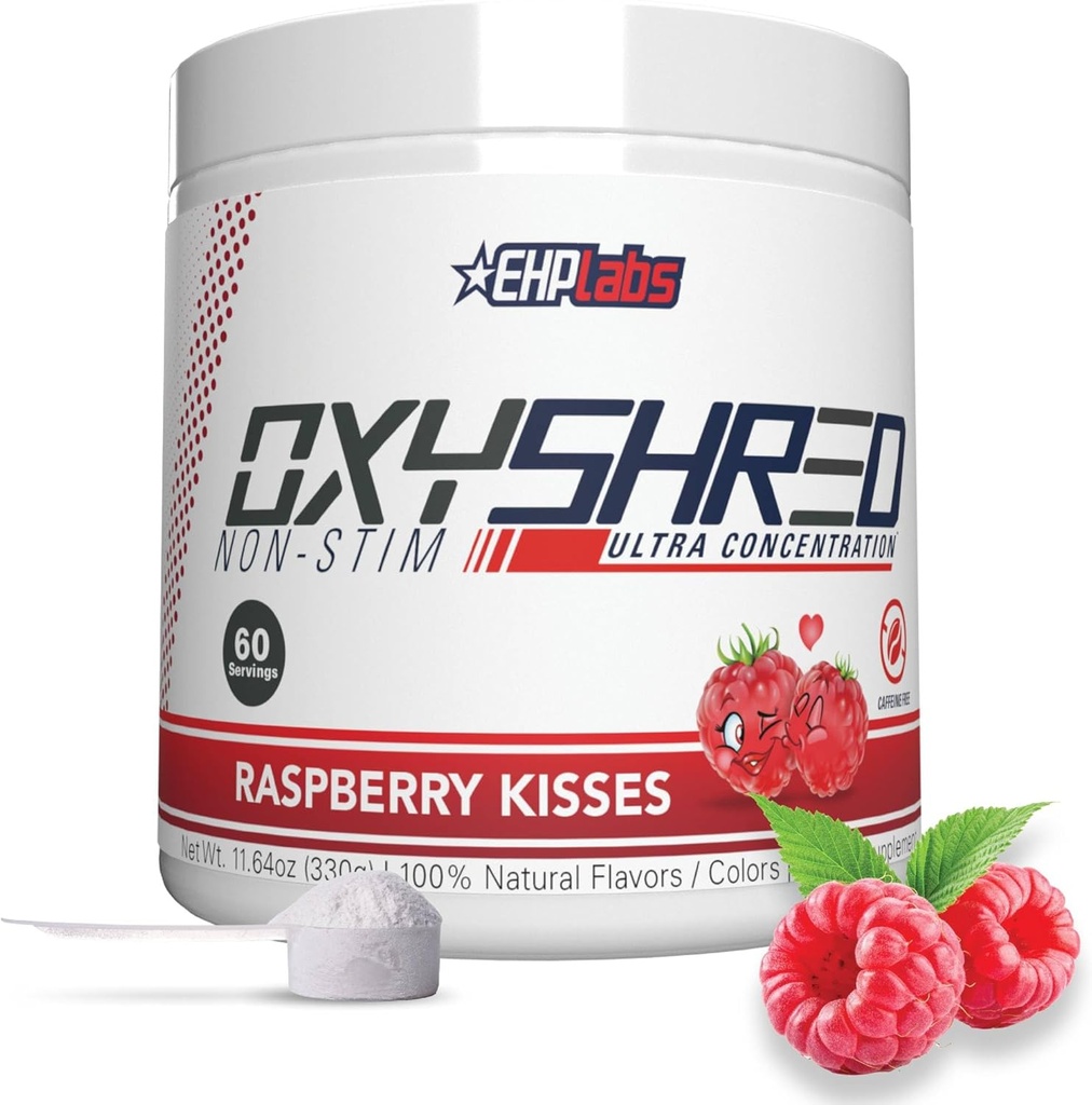 EHP Labs OxyShred Non Stimulant Pre Workout Pulber - Stim Free, Kofeiinivaba Preworkout meestele ja naistele - Non Stim Preworkout - Sugar Free Energy Powder - Vaarika, 60 Servings